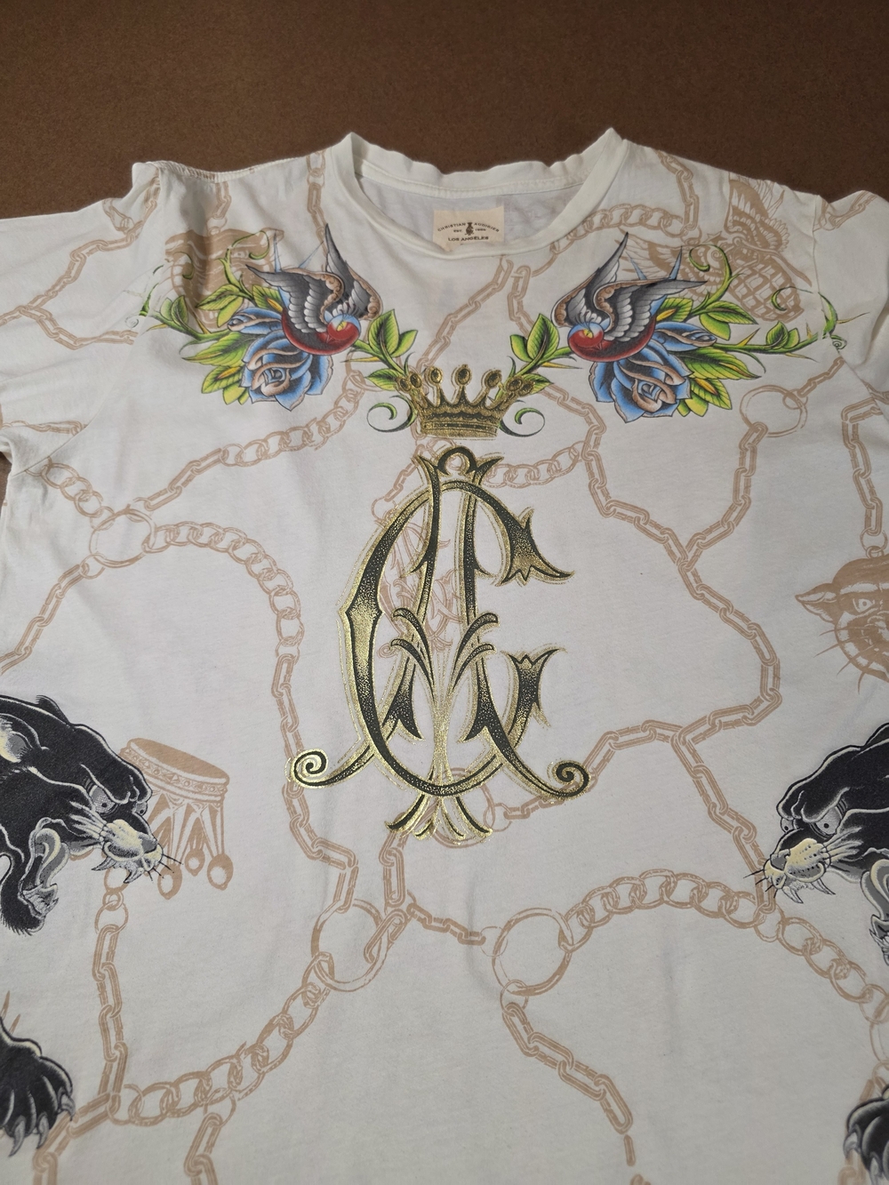 White Graphic Chain-Print Men’s T-Shirt with Panther Motif XXL Made In USA Y2K - Picture 6 of 10